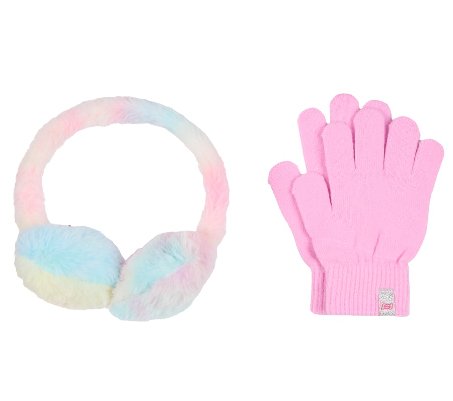 set med öronkåpor och handskar i tie dye-mönster med hjärtan